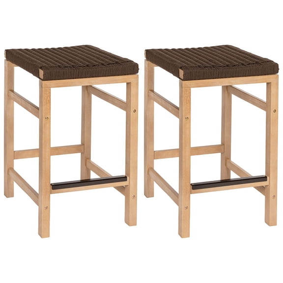 Jonathan Y Armand Modern Coastal Backless Acacia Wood Outdoor Counter Stool with Woven