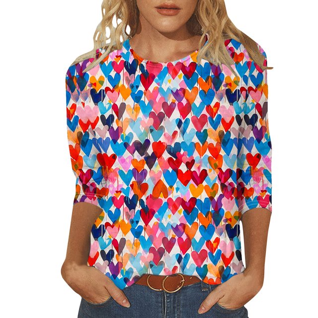Penkiiy Chemises de la Saint-Valentin pour Femmes Manches 3/4 Col Rond Blouses Décontractées Imprimé Mignon Tuniques Tops 2025 4TG Multicolore