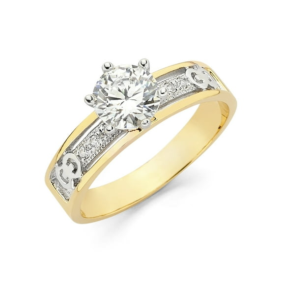 Wellingsale Ladies Solid 14k Two 2 Tone White and Yellow Gold Polished Diamond Cut CZ Cubic Zirconia Engagement Ring - Size 4