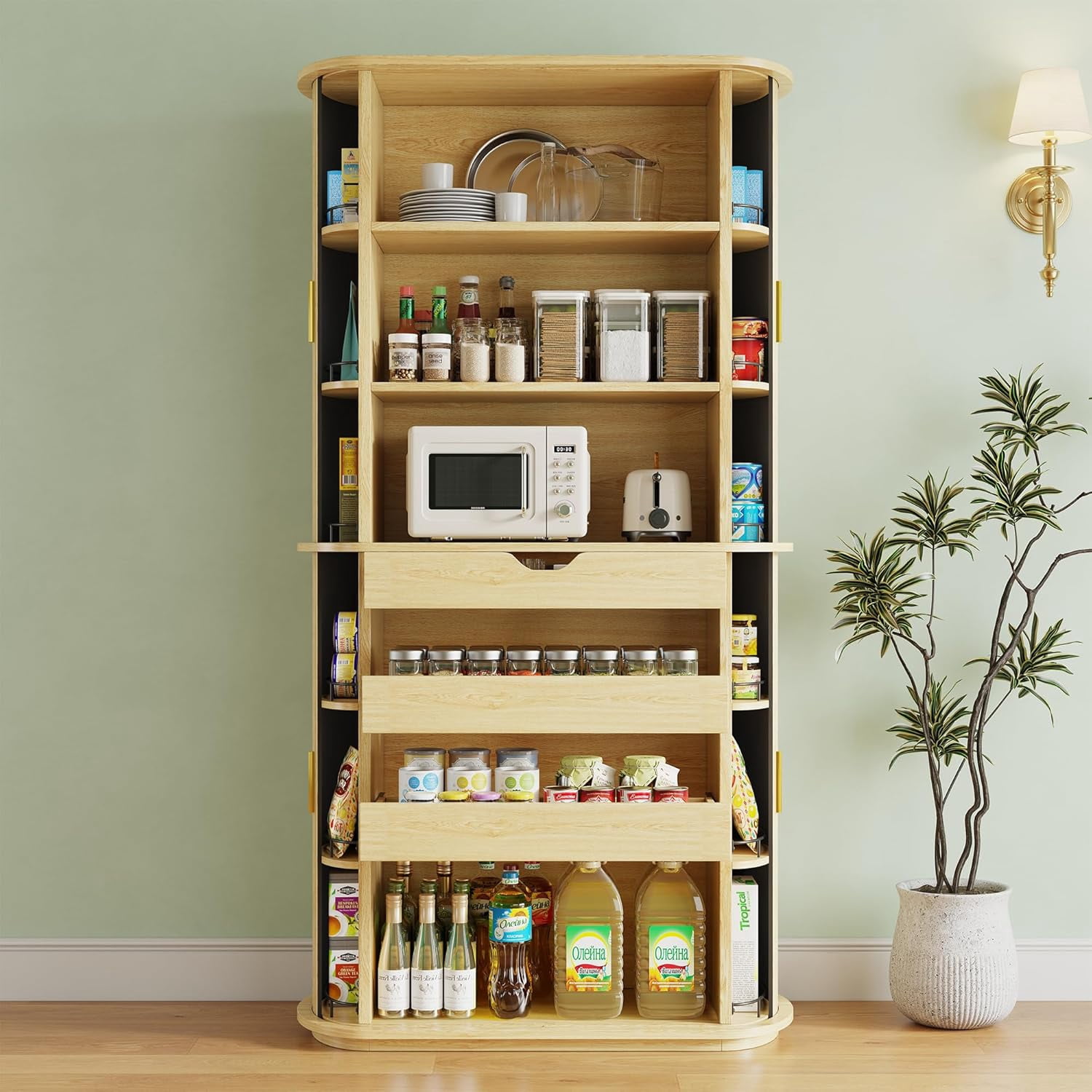 iPormis 64" Kitchen Pantry with Sliding Doors, Tall Farmhouse Curved Pantry Storage Cabinets with Drawer & Pull Out Shelves, Freestanding Wood Cupboard for Kitchen Dining Room Living Room, Natural