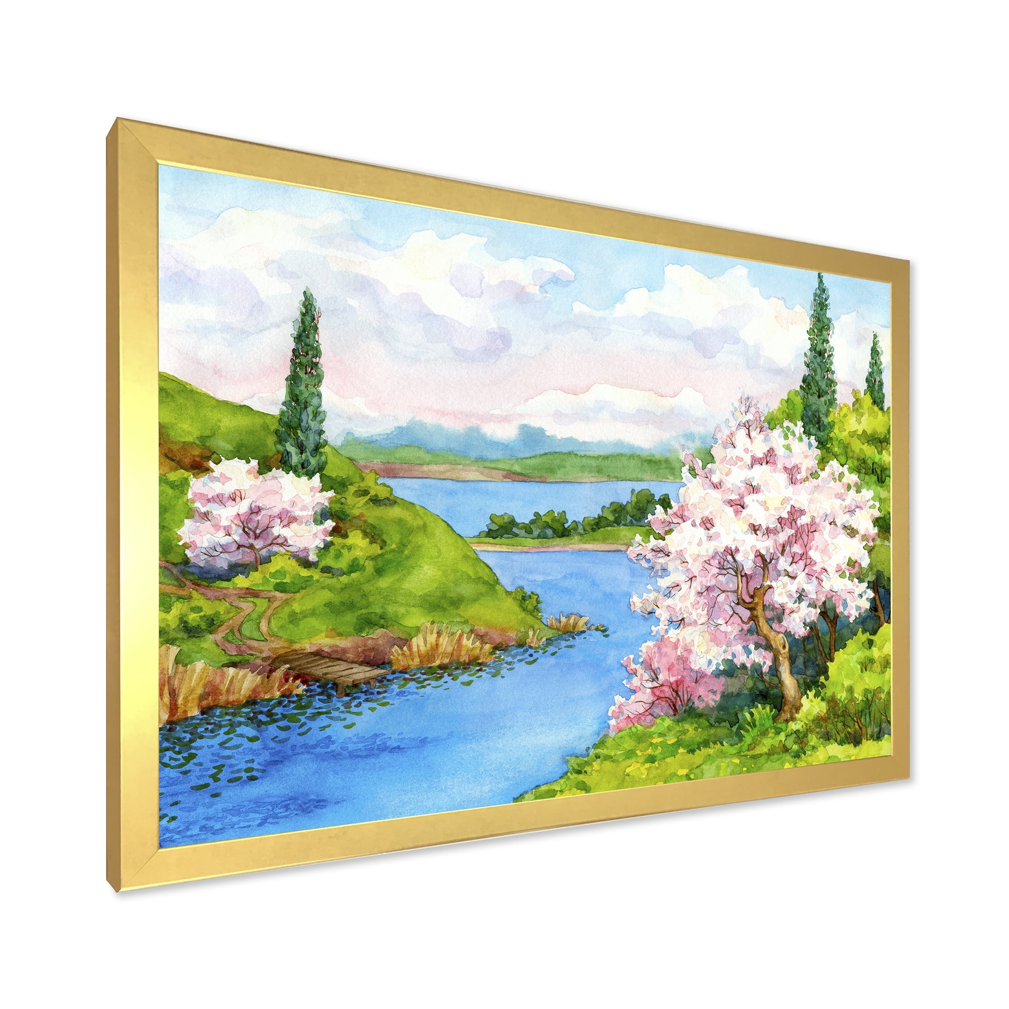 A Bright Blue Sky Over Spring Landscape 32 in x 16 in Framed Painting Canvas Art Print, by Designart