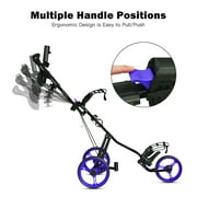 Foldable 3 Wheel Push Pull Golf Club Cart Trolley w/Seat Scoreboard Bag Blue