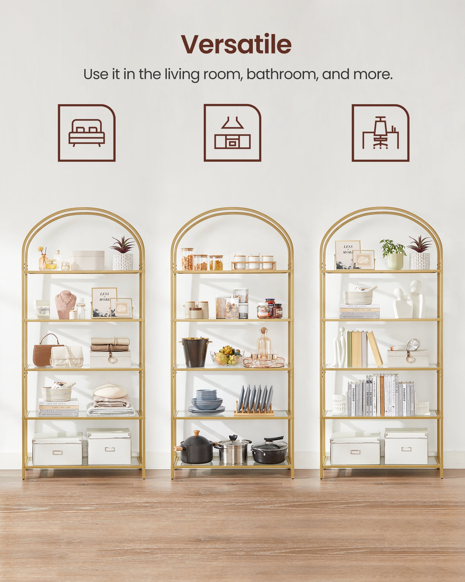 VASAGLE 5-Tier Gold Bookshelf Display Storage Shelf Modern Bookcase with Metal Frame for Bedroom Living Room Golden