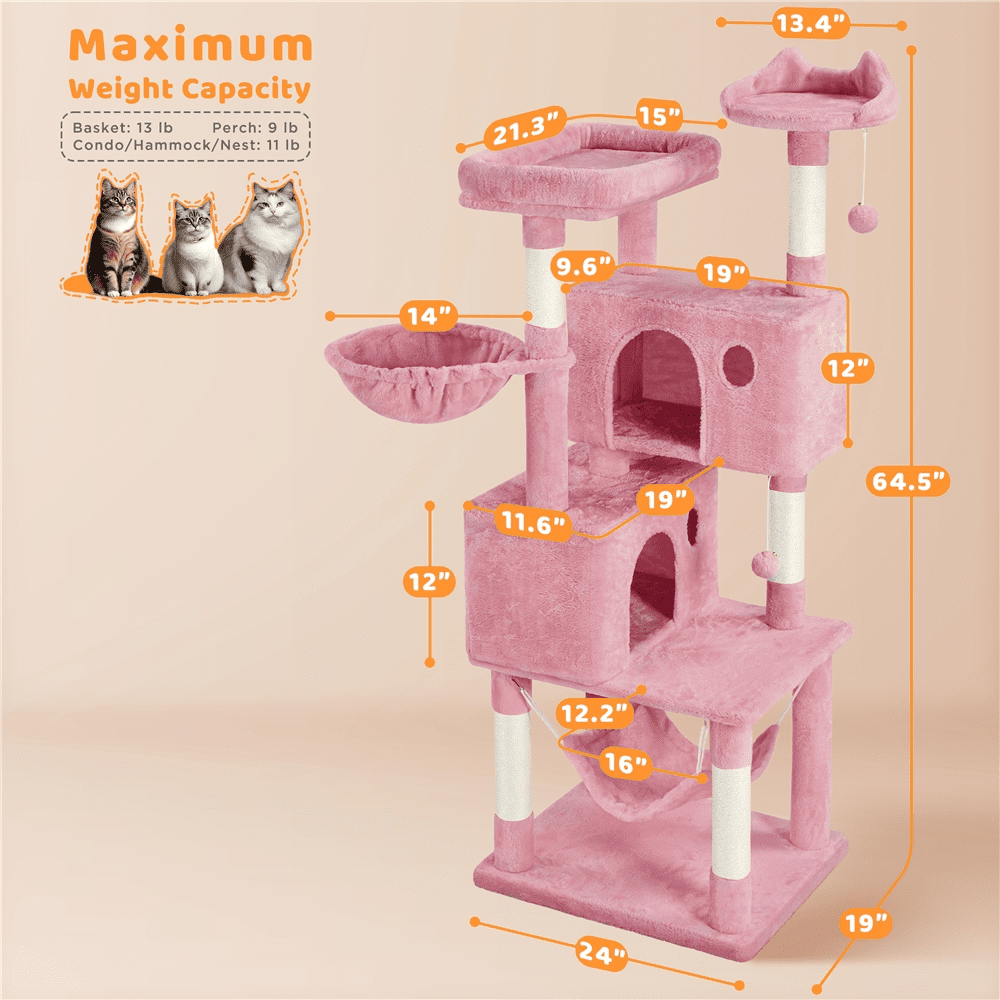 Alden Design 64.5"H Multi-level Cat Tree Tower with Condos and Perches, Pink
