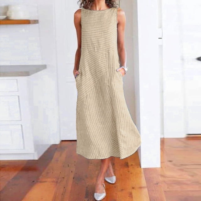 HKEJIAOI Robes Décontractées pour Femmes Offres Liquidation Robe d'Anniversaire Femme Décontractée à Rayures Imprimées Robe Sans Manches Col Lin Poche Longue Robe Kaki