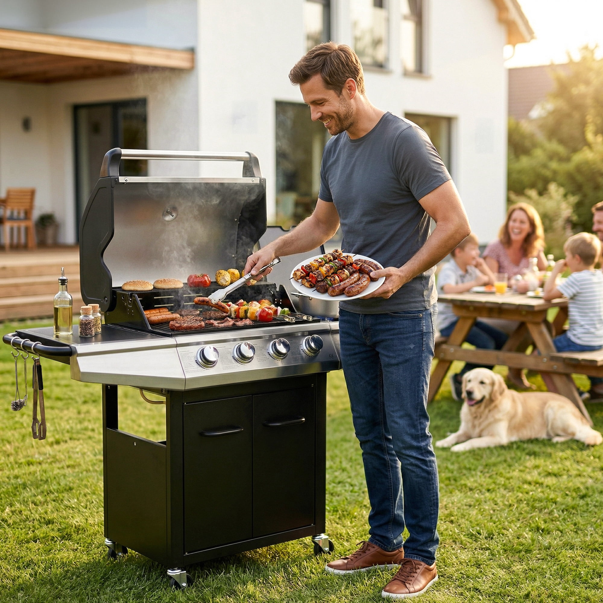 MASTER COOK 4+1 Burners Propane Grill, 52,000 BTU Cabinet Style Gas Grill with Side Burner, 518 Sqin Cooking Area Black
