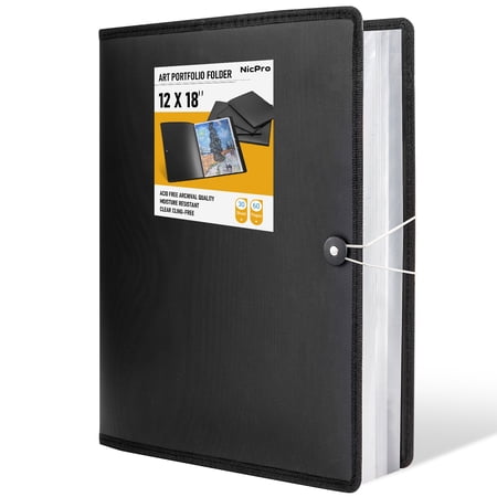 Nicpro 12x18" Art Portfolio Folder, 30 Pockets Display 60 Pages Art Painting Portfolio Binder with Clear Plastic Sleeves, Presentation Storage Book for Artists Artwork Drawing - (Black)