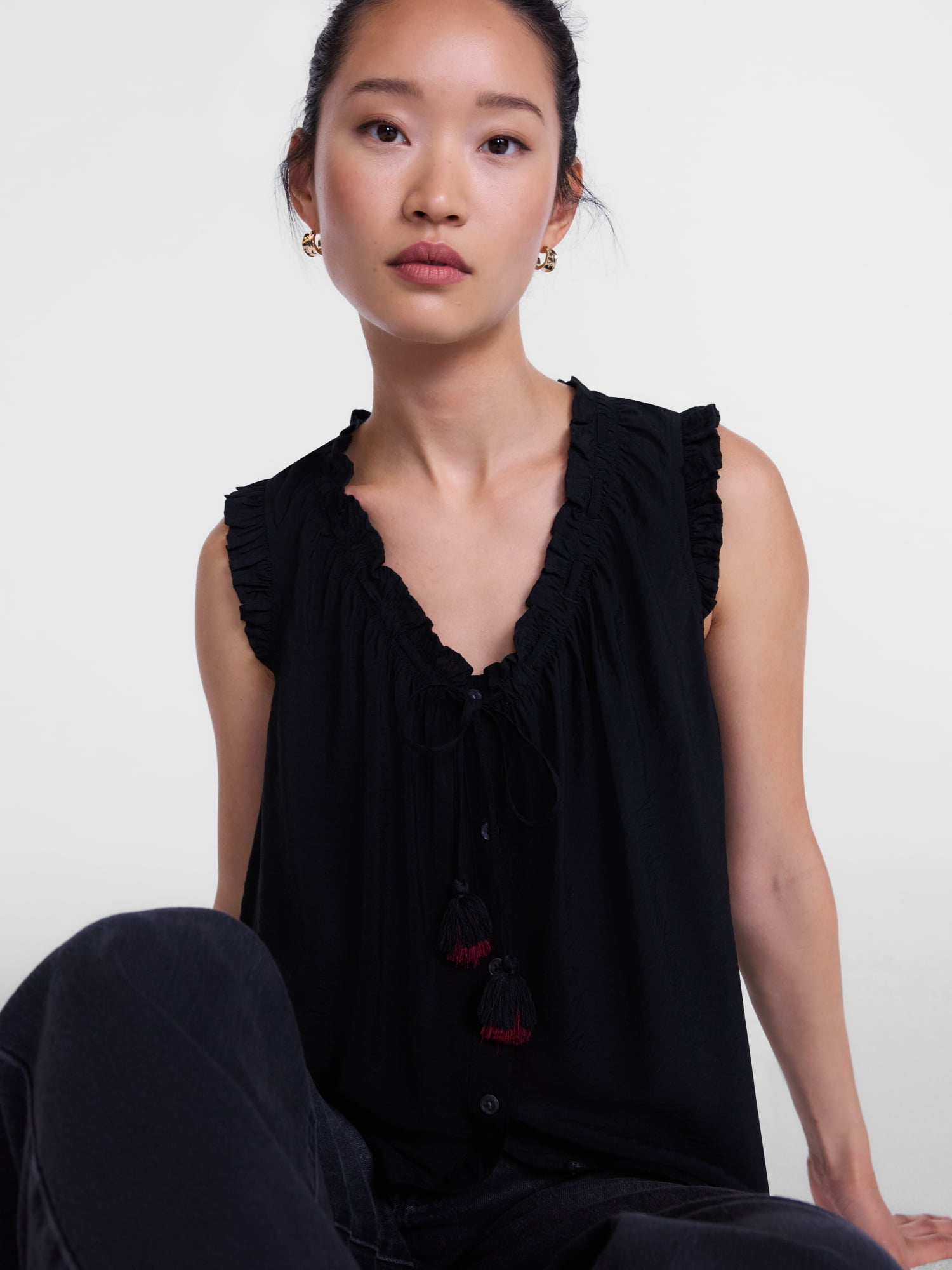Scenario Women's and Women's Plus Ruffle Neck Tank Top with Tie Front, Sizes XS-4X