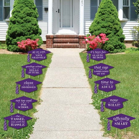 Purple Grad Caps - Shaped Outdoor Grad Lawn Decor - Graduation Party Yard Signs – 10 Piece