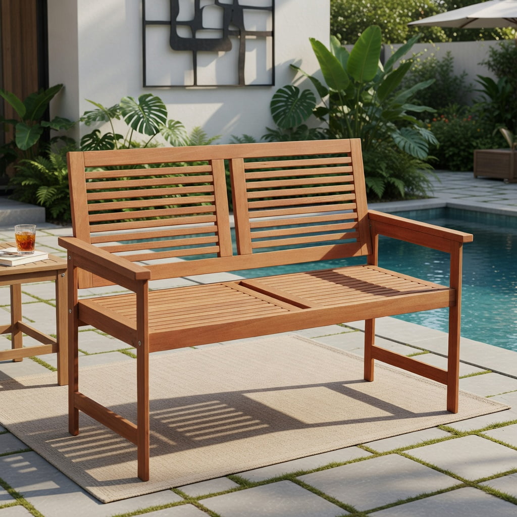 Hommoo 2-Person Outdoor Wooden Patio Bench with Slatted Backrest & Seat, Wood Garden Bench for Porch, Balcony & Backyard, Natural