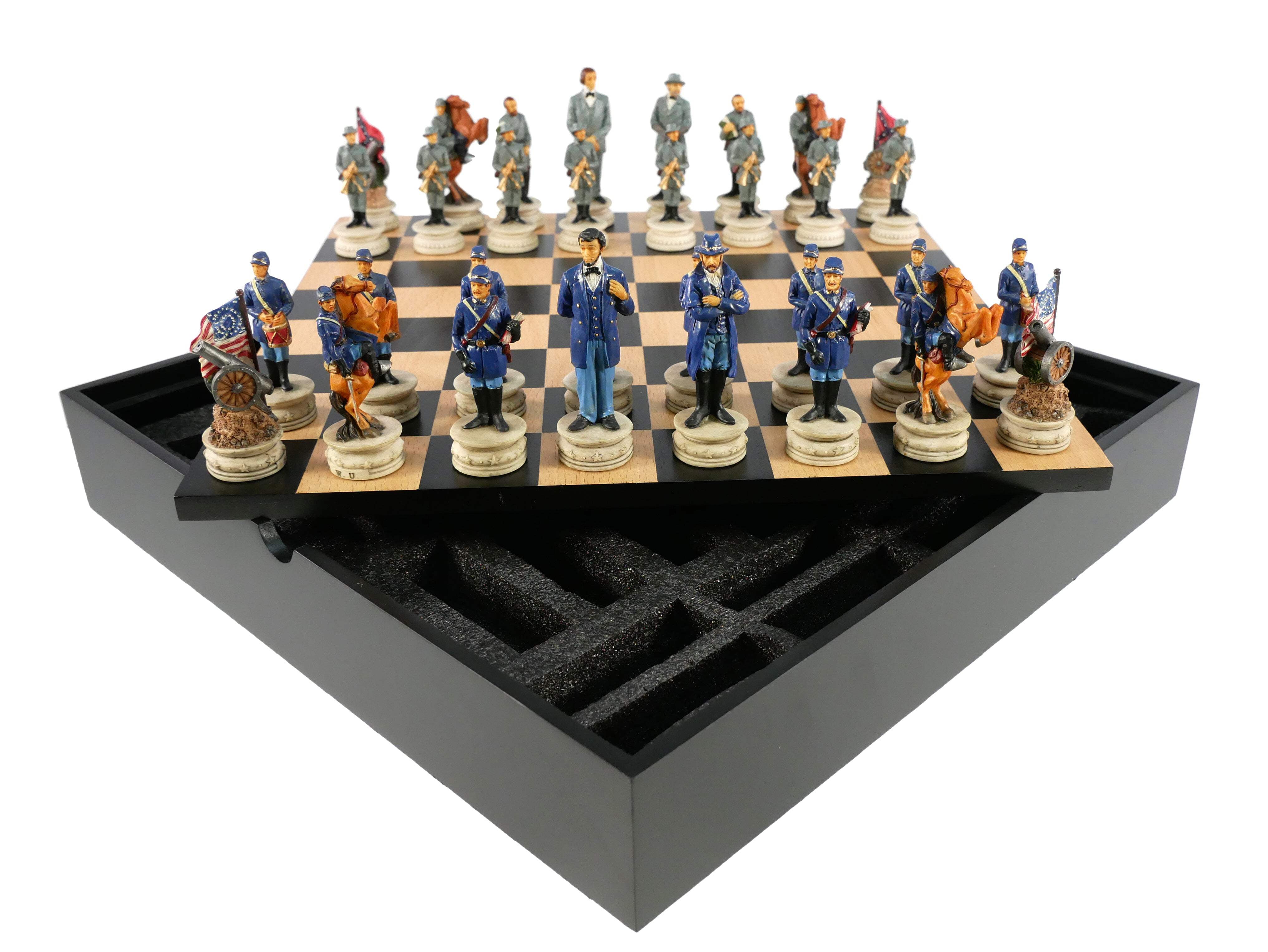 Chess Set - Civil War Resin Chessmen Generals on Black/Maple Chest