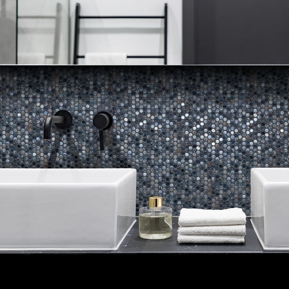 The Tile Life Eterna Penny 1" x 1" Arrecife Iridis Grey Glass Round Mosaic Floor and Wall Tile 1 Sheet