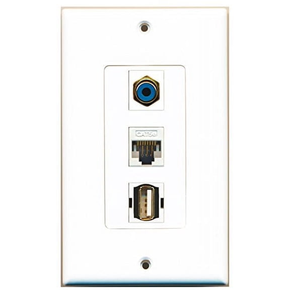 RiteAV - 1 Port RCA Blue and 1 Port USB A-A and 1 Port Cat5e Ethernet White Decorative Wall Plate