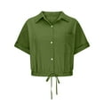 thumbnail image 4 of zaveiop Women's Linen Shirts Y2k Short Sleeve Button Blouses Cinched-Hem Collared Crop Top Tunics (Z-Army Green, 5XL), 4 of 6