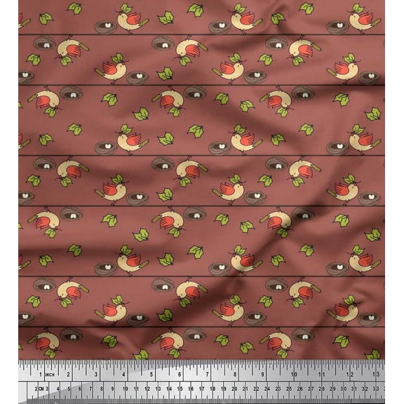 Soimoi polyester Crepe Fabric Leaves,Nest & Bird Clip Art Printed Craft Fabric by the Yard 42 Inch Wide