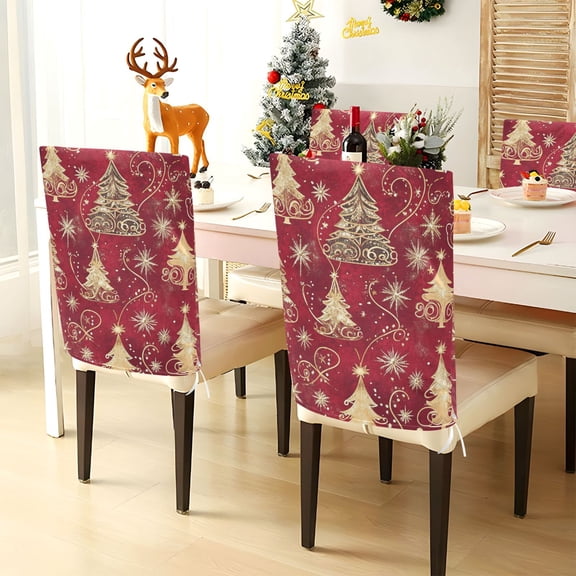 YAZAOO Chair Covers Set Home Kitchen Christmas Trees and Gold Line Party Decor Seat Back Cover Protector
