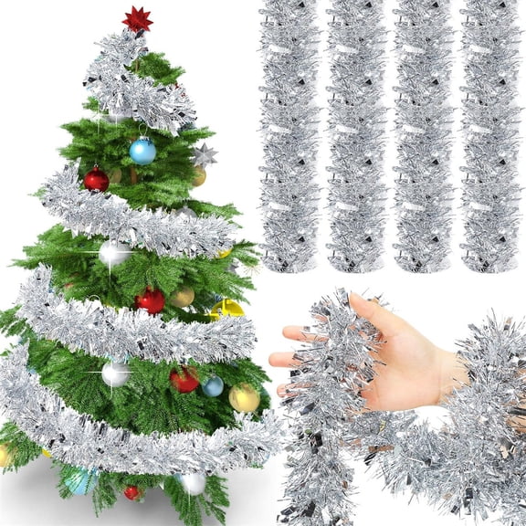 70.87x2.76In Silver Christmas Tinsel Garland, Christmas Tree Decoration, Sparkling Metallic Tinsel Hanging Garland (6Pcs)