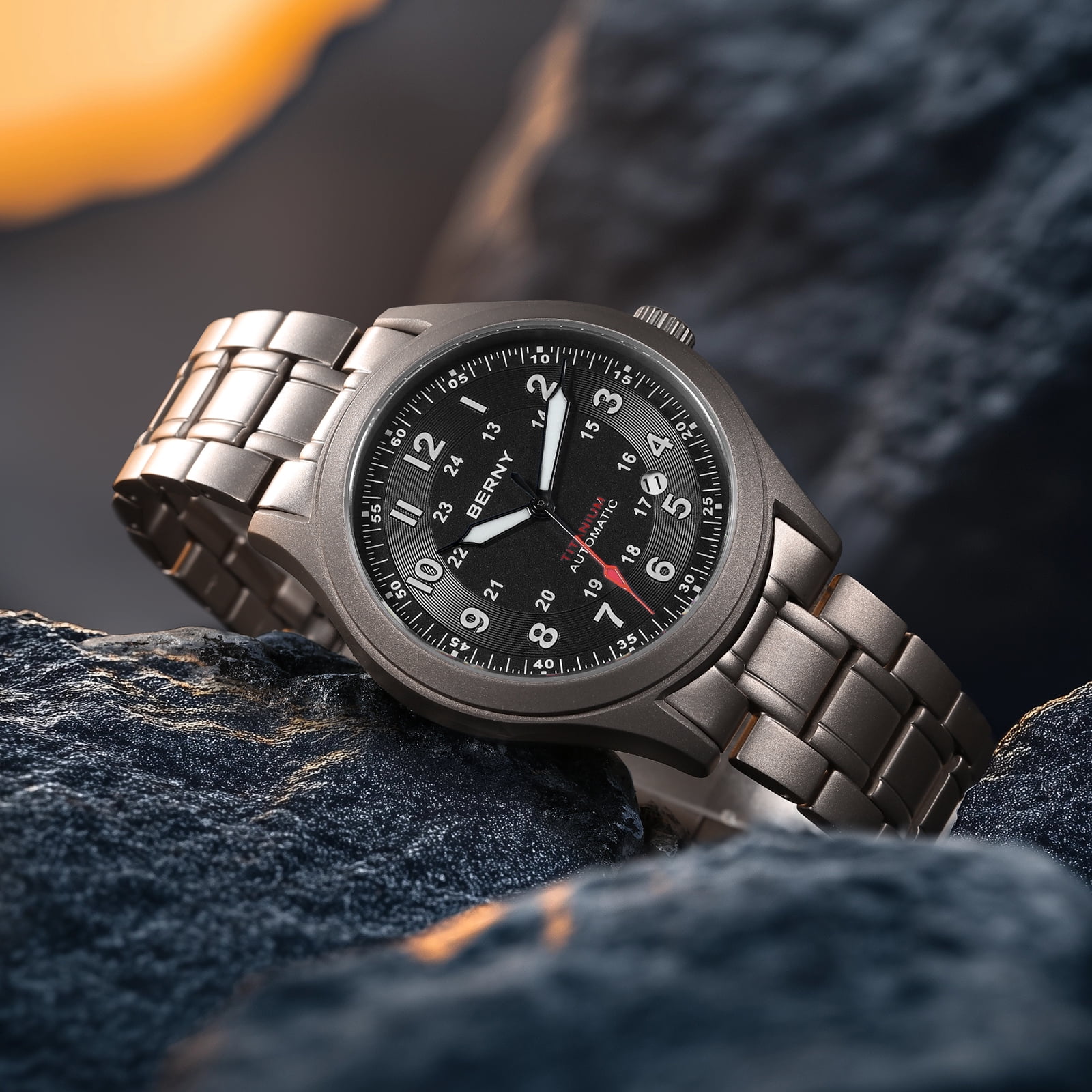 BERNY Automatic Watches for Men Military Sport Titanium Field Watch with Date Sapphire Crystal Luminous Fashion Analog Mechanical Watch 100M Waterproof Army Tactical Casual Wristwatch (Black)