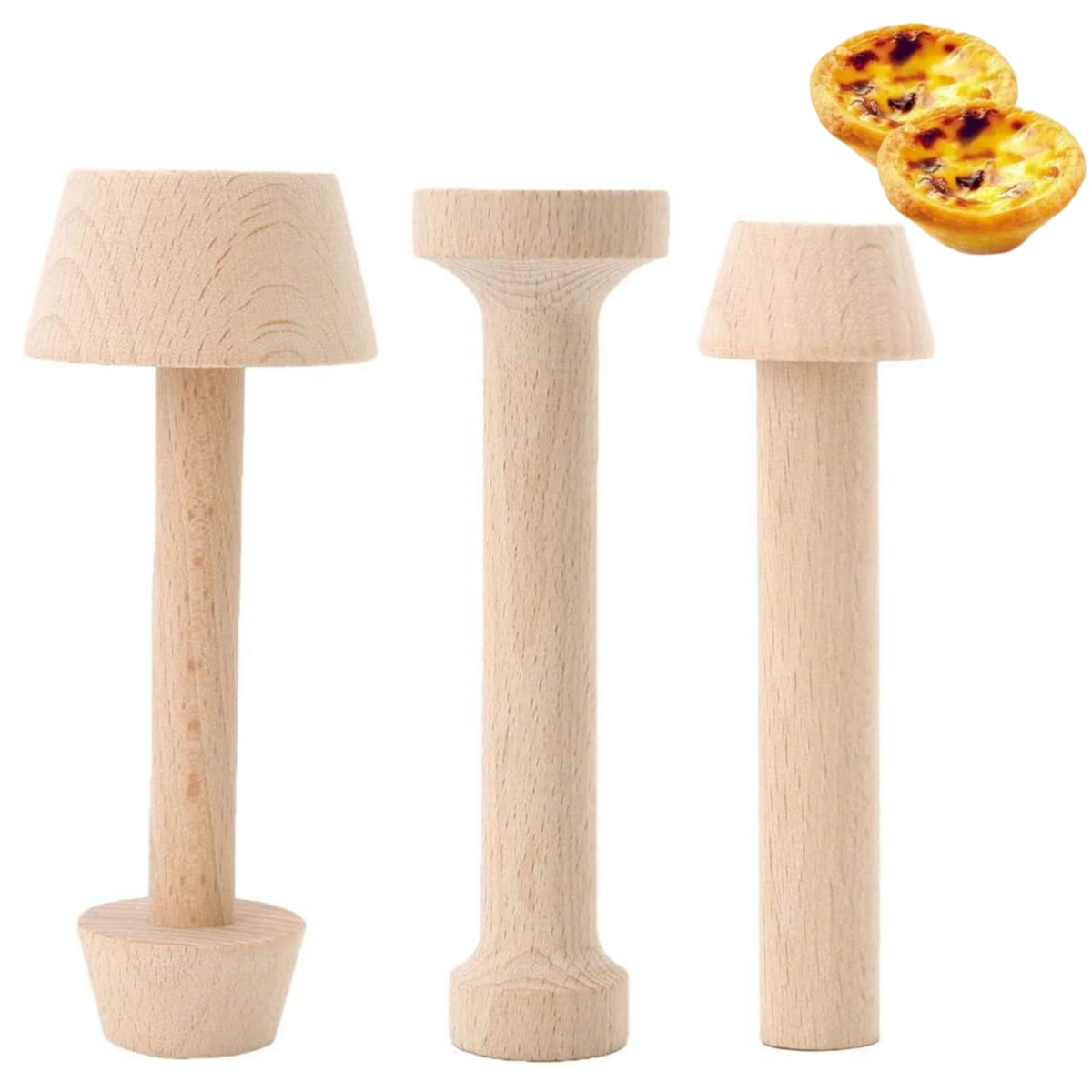 Wooden Tart Tamper Set of 3, Trianu Double Side Pastry Dough Tamper Egg