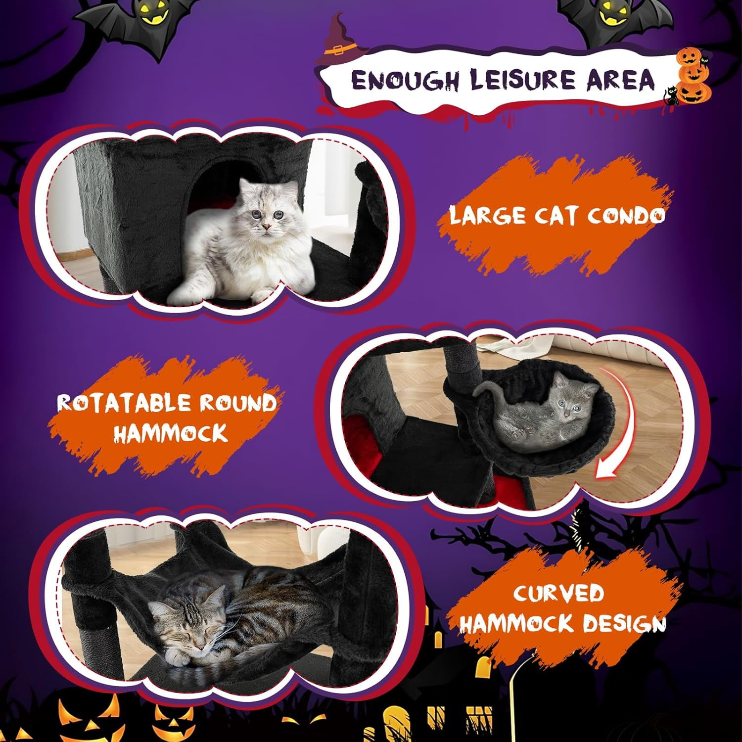 YounGG Gothic Cat Tree, 83 Inch Tall Cat Tower with Sisal Covered Scratching Posts, 2 Coffin Beds, 2 Cat Condos, Hammock, Basket Bed, Halloween Pet Furniture, Black Goth Cat Tree for Indoor Cats