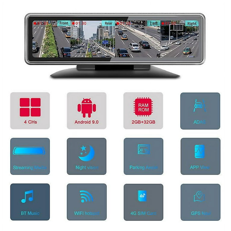 Dash cam 4g android 9.0 car dvr 12 full touch 360 panoramic camera rear  view mirror 4chs wifi adas gps navigation bluetooth 