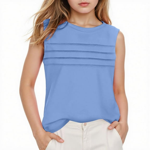 Povozer Girls' Tees Short Sleeve Cotton Girls Short Sleeve Crop Tops Kids Fashion Oversized Cute Crew Neck Cropped Athletic T Shirts Trendy Tee for 5-6 Years,Blue