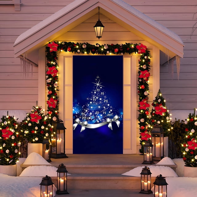 Cortina de puerta navideña de muñeco de nieve y Papá Noel - Set de decoración colgante de poliéster de 5 piezas • 35" x 70" • Fondo multicolor para fiesta navideña