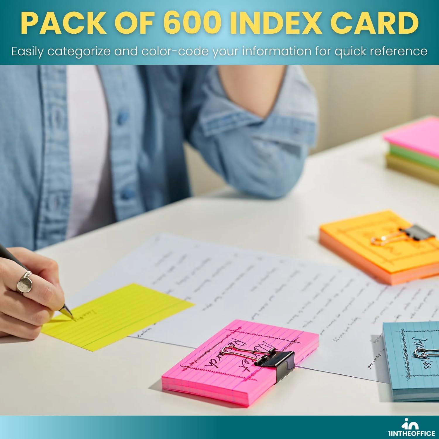 1InTheOffice Colored Index Cards 3x5, Ruled Neon Index Cards, Assorted, 600 Pack