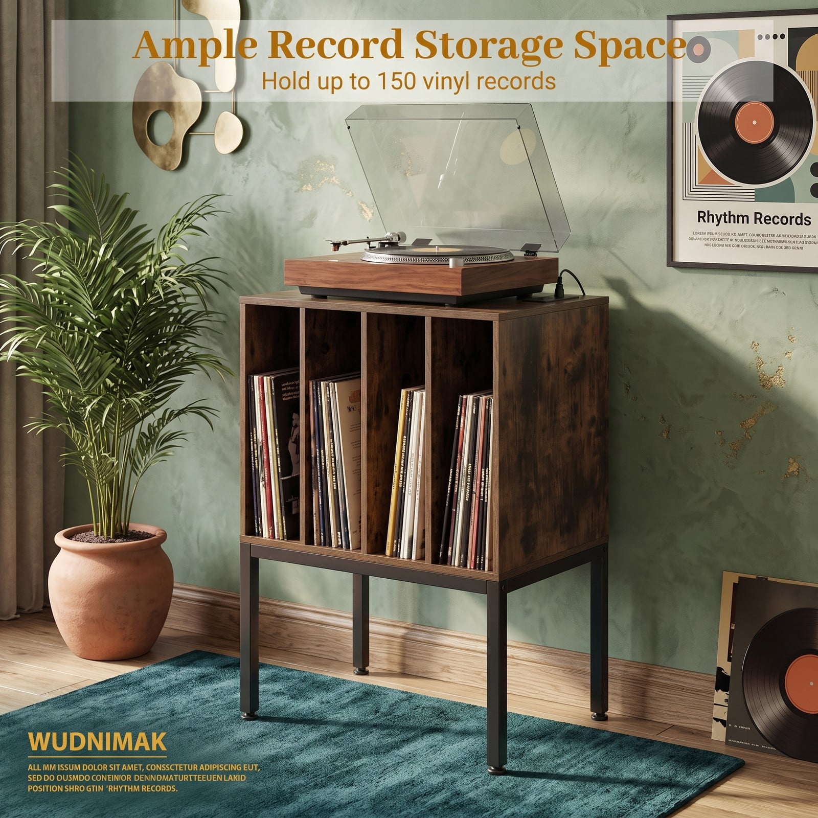 Furnibear Turntable Record Player Stand with Power Outlets, USB Type-C Charging Ports, Vinyl Record Storage Media Console TV Stand for Living Room, Rustic Brown