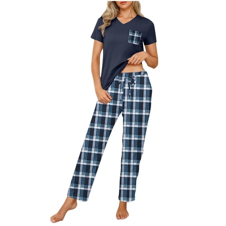 Women s Fashion Plaid Casual Pajamas Set Short Sleeve Comfy Shirts and Loose Pants Loungewear Outfits with Pockets New Two Piece Sets for Women Blue S