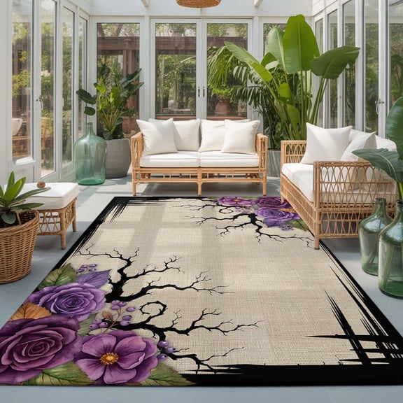 Halloween Washable Living Room Rugs 9'x12', Dark Romantic Vintage Purple Rose Goth Tree Linen Texture Washable Throw Large Area Rug Non-Slip Sturdy Edge Binding Carpet for Bedroom Dining Room Office