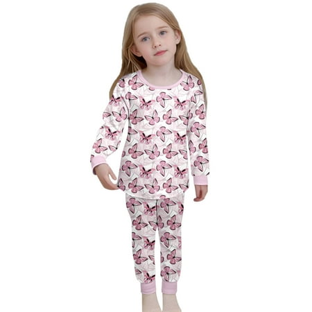 Youmylove Girls Summer Casual Suit Toddler Girls Satin Pajama Sets Silky Long Sleeve Heart Print Shirt Tops Pants Set Sleepwear Casual Outfits Holiday Pajamas Set 6-7 Years