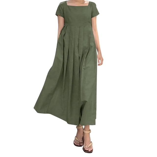 Vestido de verano de algodón y lino para mujer: manga corta, corte holgado, color liso, vestido informal para exterior, tallas S-XXL