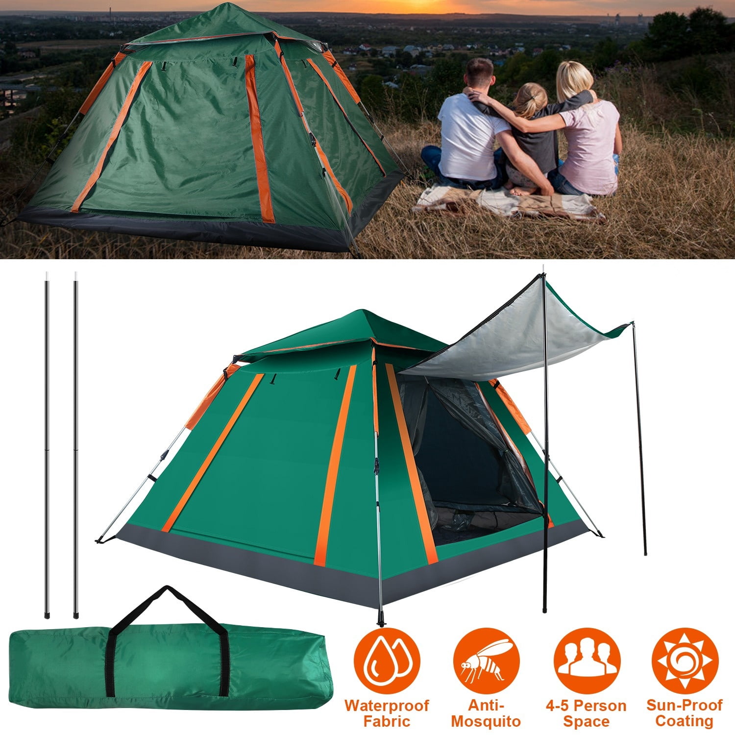 60-Second Setup 4-5 Person Family Camping Tent - Lightweight Portable Dome Tent with Dual Mosquito Net Windows, Waterproof Rainfly for Outdoor, Hiking & Backpacking,Green