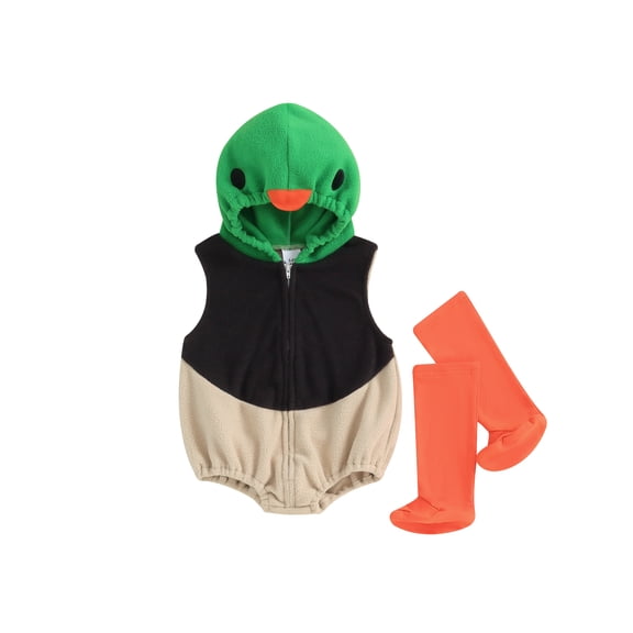 Cjfdfy Newborn Baby Boy Girl Duck Outfit Halloween Animal Costume Baby Boys Girls Fall Winter Clothes Sleeveless Hooded Zipper Closure Romper with Leg Warmers Set Toddler Halloween Cosplay Outfits