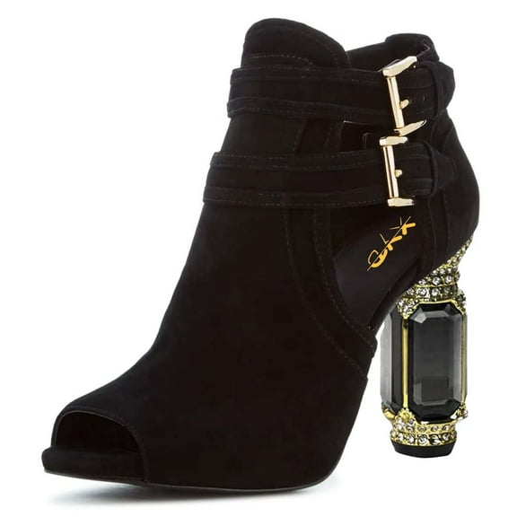 XYD Women Fashion Peep Toe Ankle Booties Crystal Block Heels Double Buckle Strap Cut-out Pumps Chic Dressy Shoes Size 7 Black