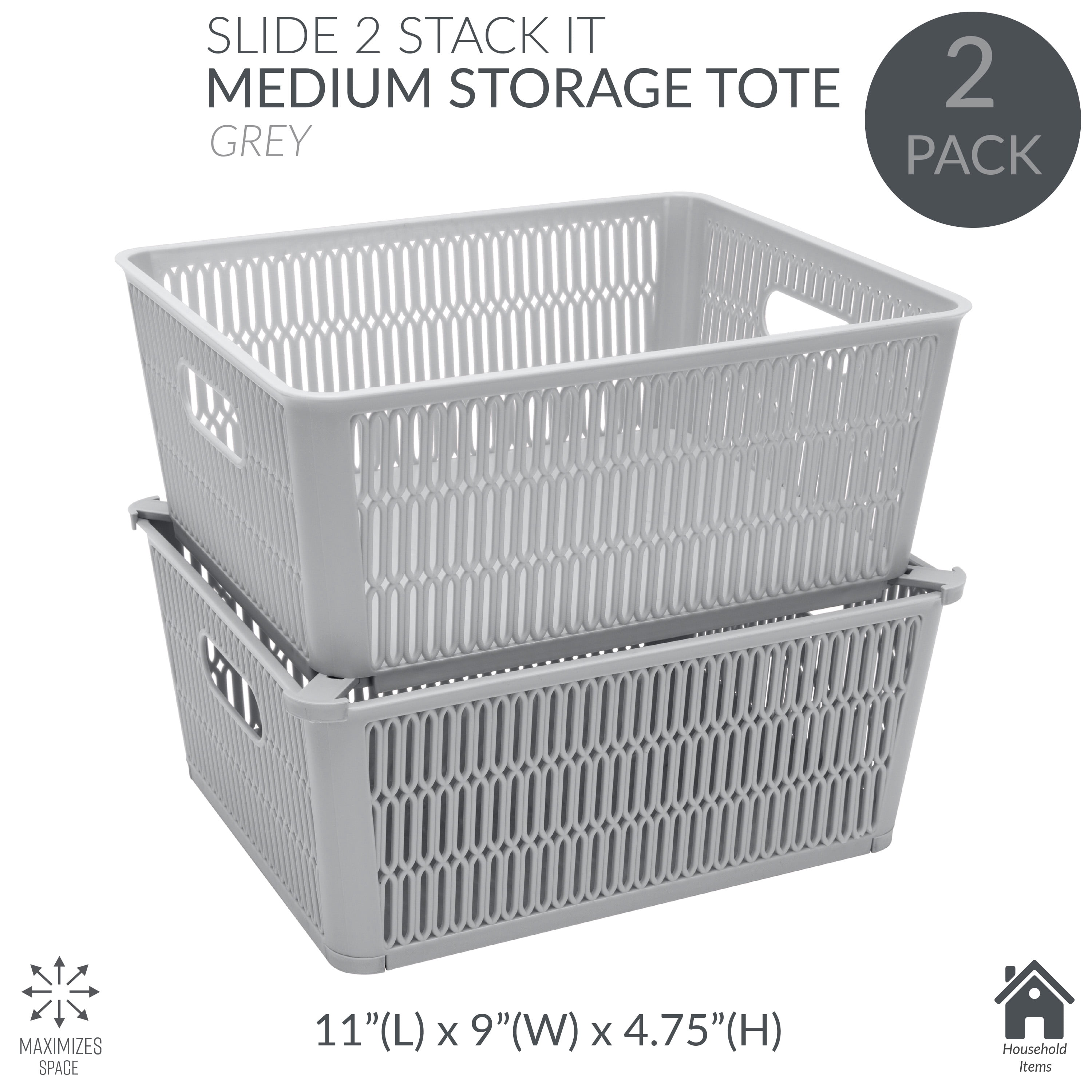 Simplify Slide 2 Stack It 2 Pack Plastic Storage Basket in Grey