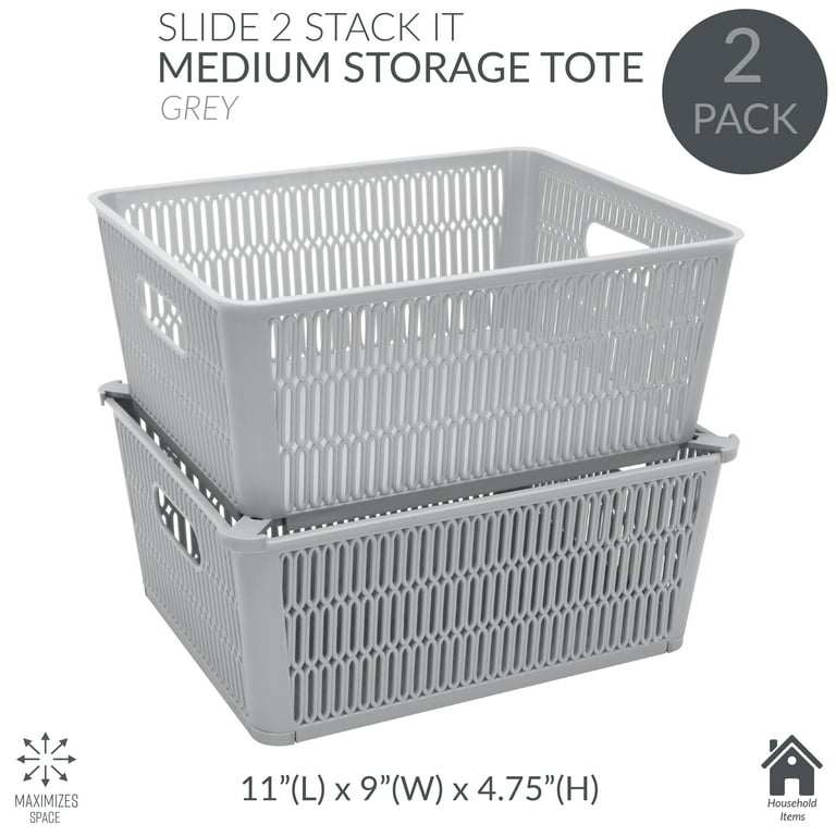Simplify Slide 2 Stack It 2 Pack Plastic Storage Basket in Grey
