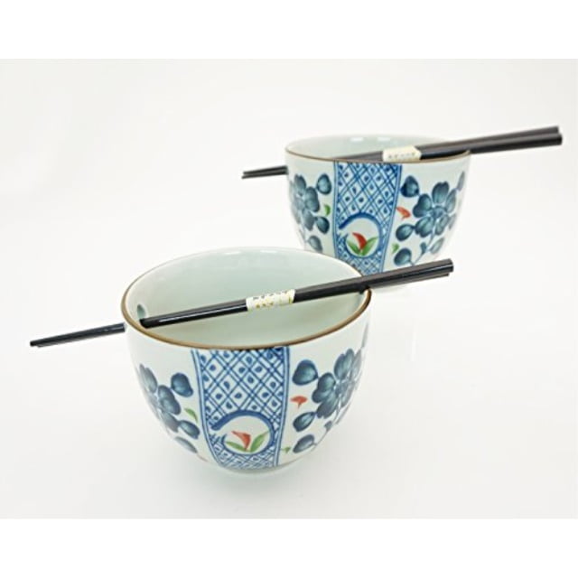 Japanese Dinnerware Ceramic Ramen Udon Noodle Bowl Set of 2 with Bamboo