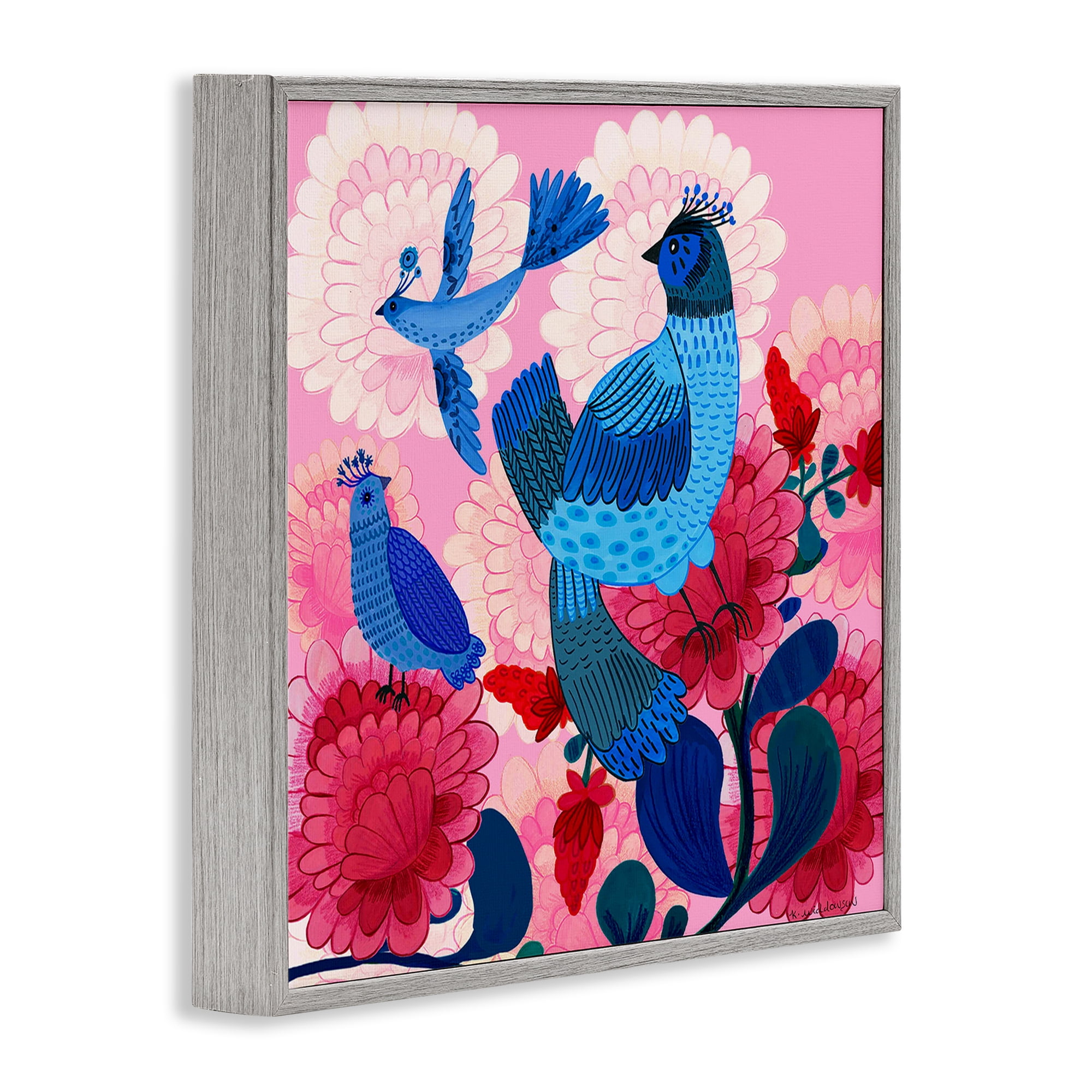 Stupell Industries Folk Birds on Dahlias Animals Painting Gray Framed Art Print Wall Art, 24 x 24