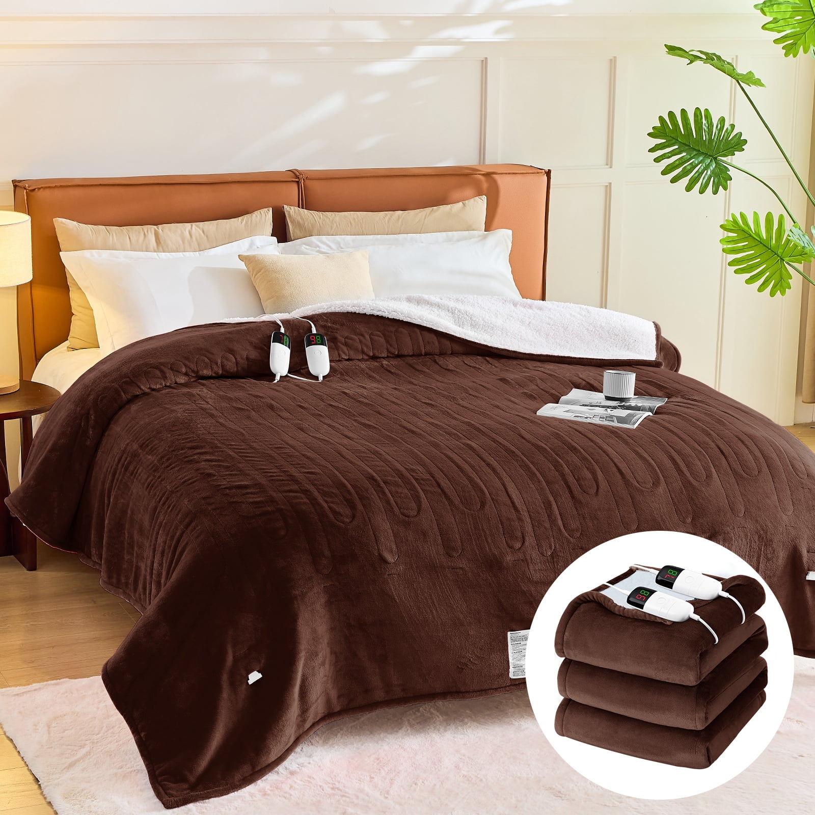 PMONPA Electric Heated Blanket, Flannel & Sherpa Heating Blanket for Adult, Fast-Heating with 10 Heat Levels 5 Time Settings (101"x91", Coffee)