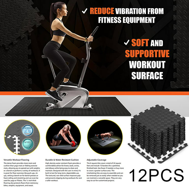 VEVOR 12pcs 1/2 inch Thick Gym Floor Mats, 24 x 24 EVA Foam & Rubber Top  Interlocking Workout Floor Mats with 48 sq.ft Coverage, Waterproof Exercise  Puzzle Flooring for Gym, Home, Garage