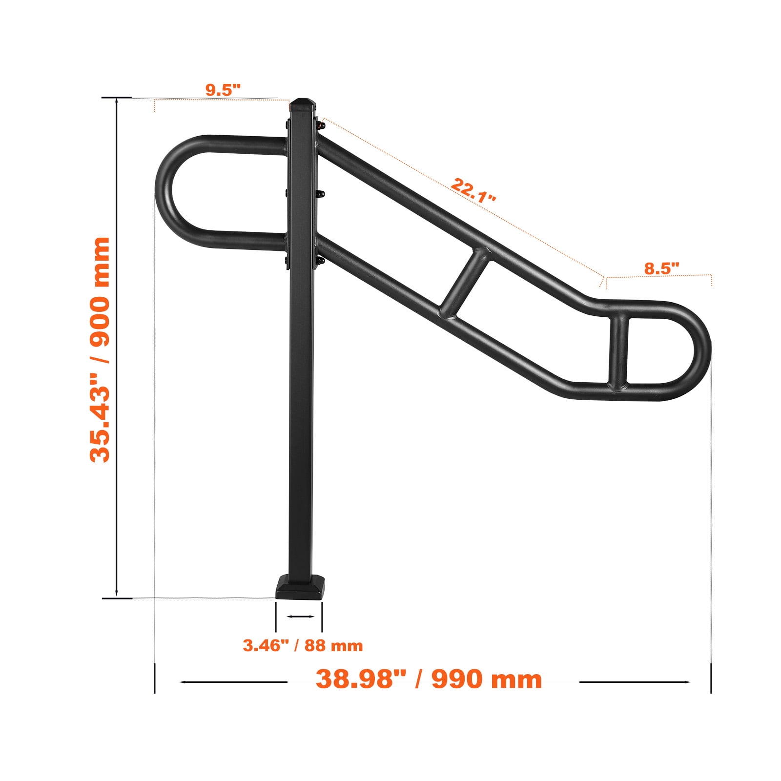 VEVOR Single Post Handrail for Outdoor 1-3 Steps, 40.5" L x 35.4" H Metal Bent Stair Handrails, Floor Mounted Carbon Steel Stair Railing, U-Shaped Post Grab Rails with 2 Anti-Skid Crossbar for Garage