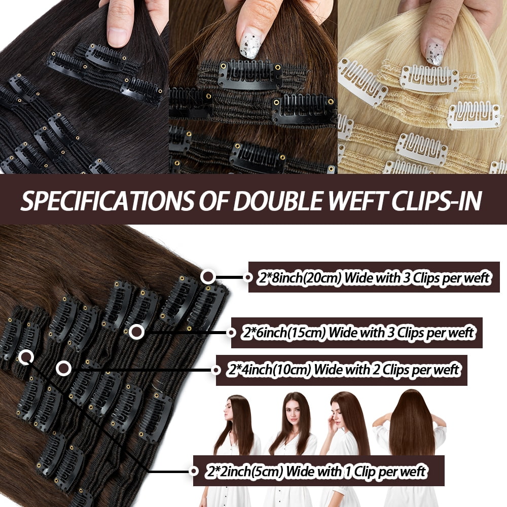 SEGO Human Hair Double Weft Clip In 100% Remy Human Hair Extensions 8PCS 18 Clips Extra Thick Virgin Human Hair Natural Smooth Full Head