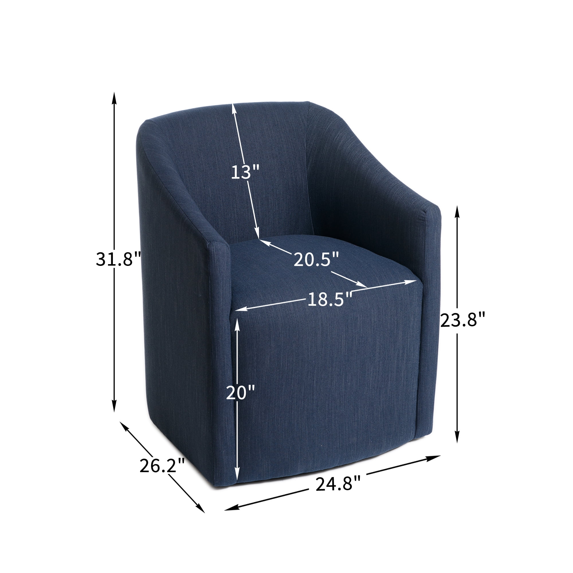 KINWELL 25" Wide Upholstered Dining Chairs with Casters Set of 2, No Assembly Modern Performance Fabric Barrel Back Rolling Dining Armchair for Kitchen Dining Room (Indigo)