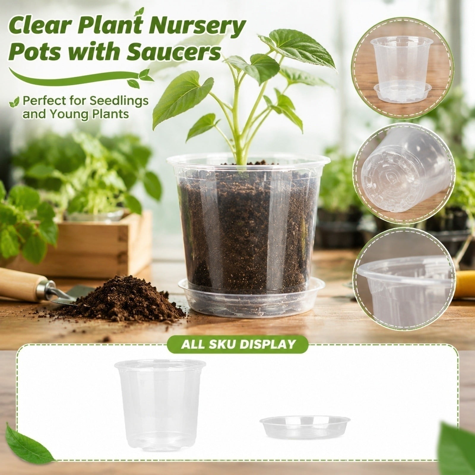 MInHoues 6" Clear Plastic Nursery Pots with Drainage Holes and Saucers, Transparent Plant Pots for Seedlings, Succulents, and Indoor Plant Propagation, Home Garden Supplies