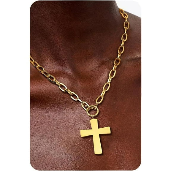 vintage Chunky 16K Gold Plated Necklace for Women, Hammered Cross Necklace for Women Non Tarnish, Heart Clover Necklace Pendant, Dainty Toggle Necklaces Paperclip Chains Jewelry 45cm