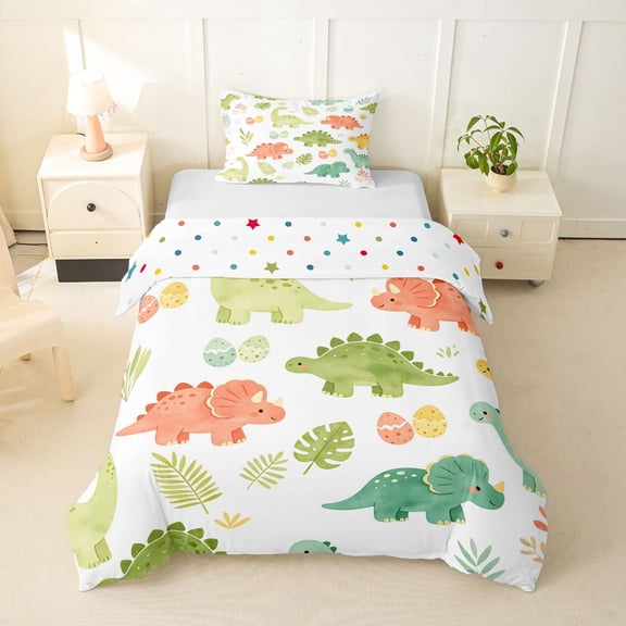 Homewish Cute Cartoon Dino Twin Duvet Cover,Kawaii Plants Twin Bedding,White,Polkadot Reversible,2pcs,1 Duvet Cover and 1 Pillowcase