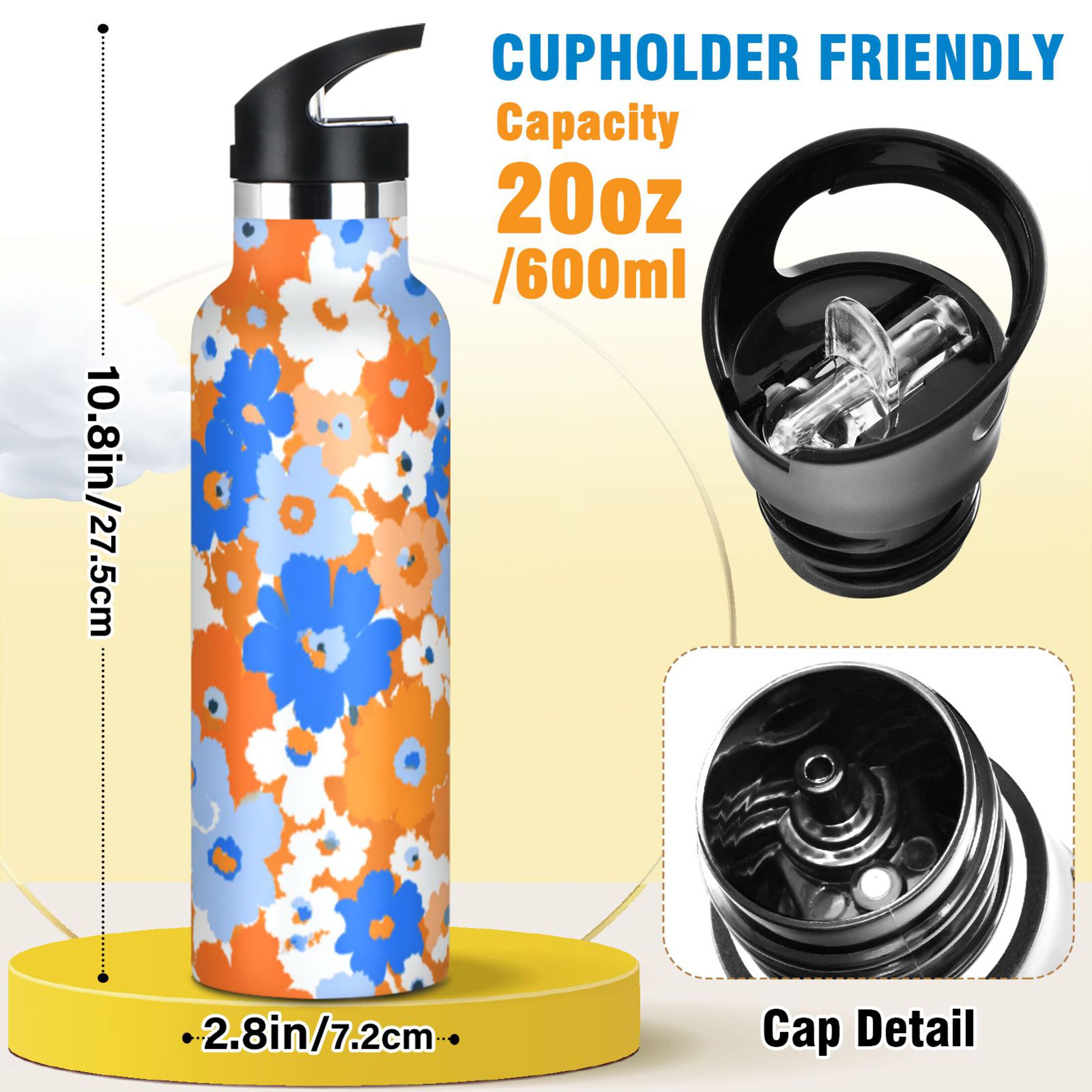 Kids Insulated Stainless Steel Sports Water Bottle 600ml (20oz) Orange and Blue Small Flowers