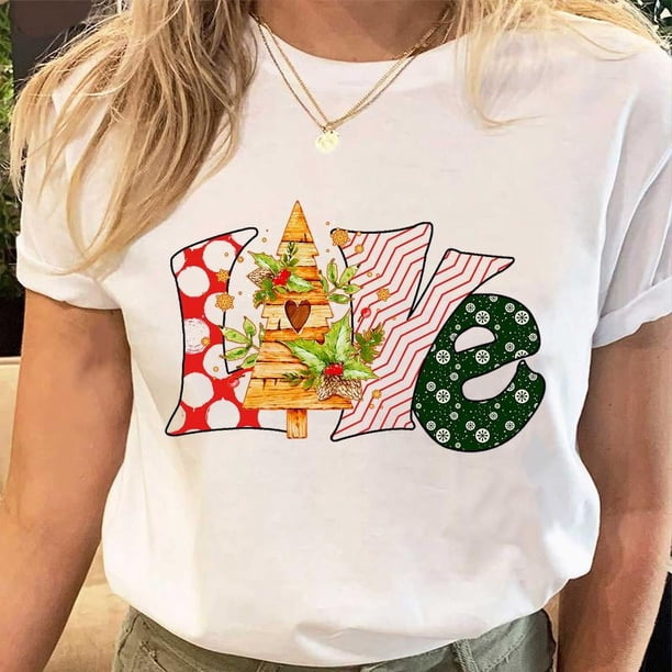 Camisetas estampadas de Papá Noel para mujer, camiseta de Navidad y Año Nuevo de los años 90, ropa femenina, Tops estampados, camiseta gráfica de dibujos animados a la moda para mujer